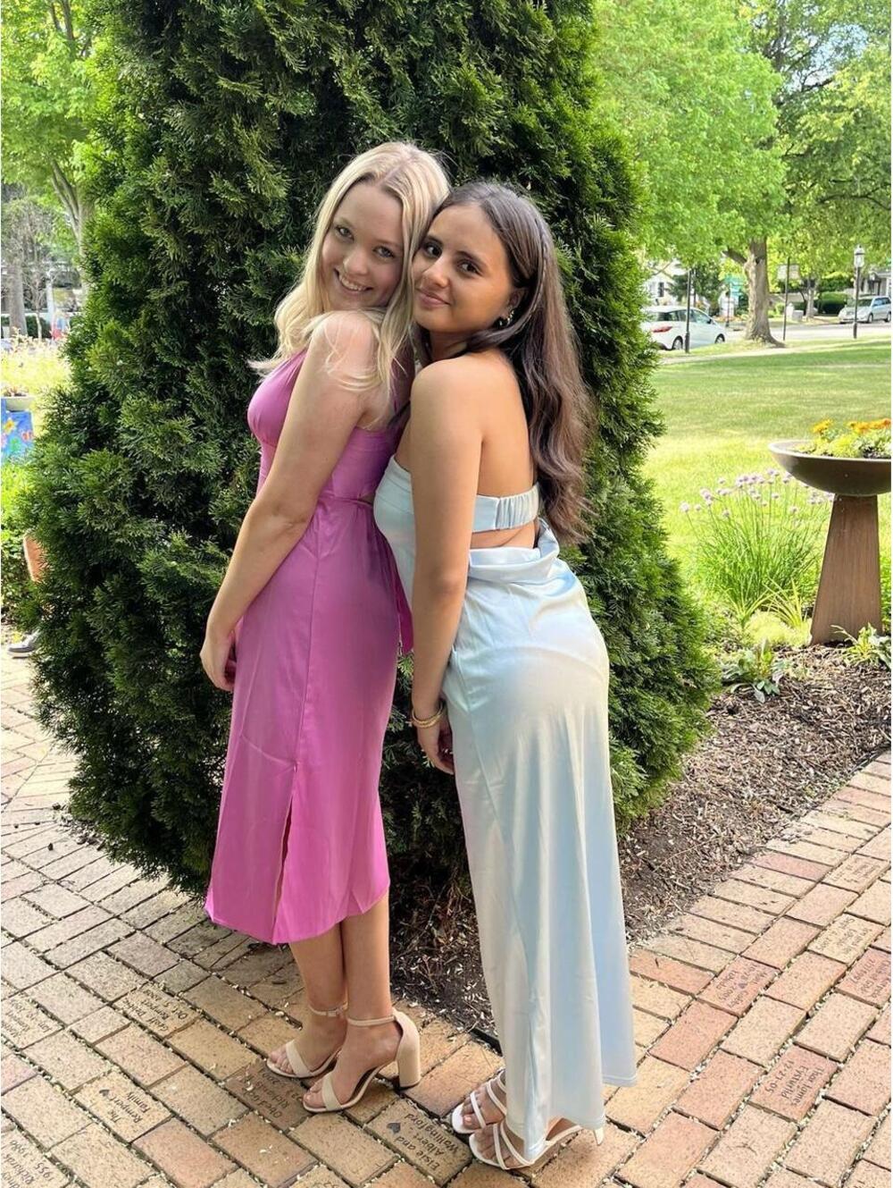 Pink satin slip dress with tie back